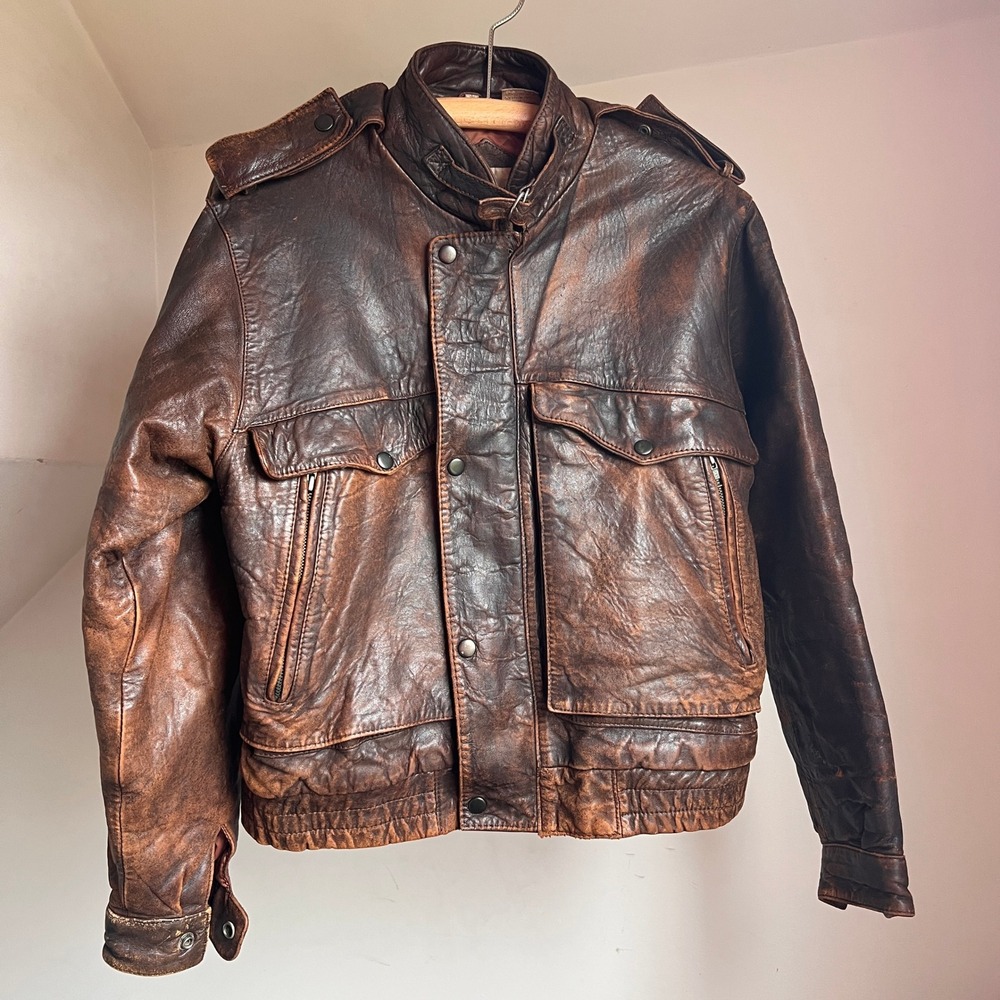 Vintage Worn Leather Bomber Jacket Brown Distressed Aviator Flight Moto Small